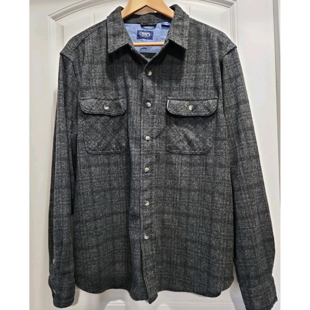 Chaps Mens XL Gray Plaid Flannel Button Down Shirt Stretch Long Sleeve 1717066
